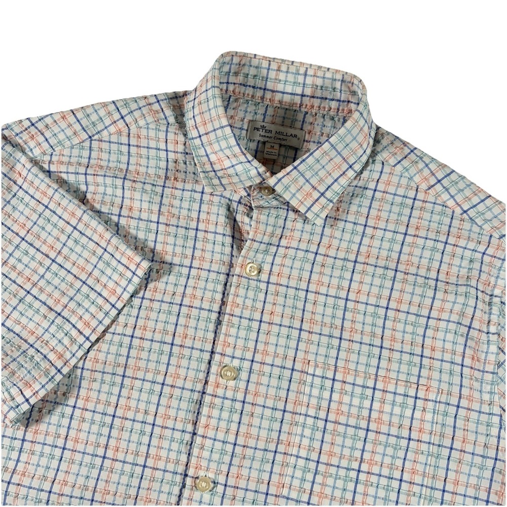 Peter Millar Summer Comfort Shirt Mens Medium White Plaid‎ Seersucker Button Up